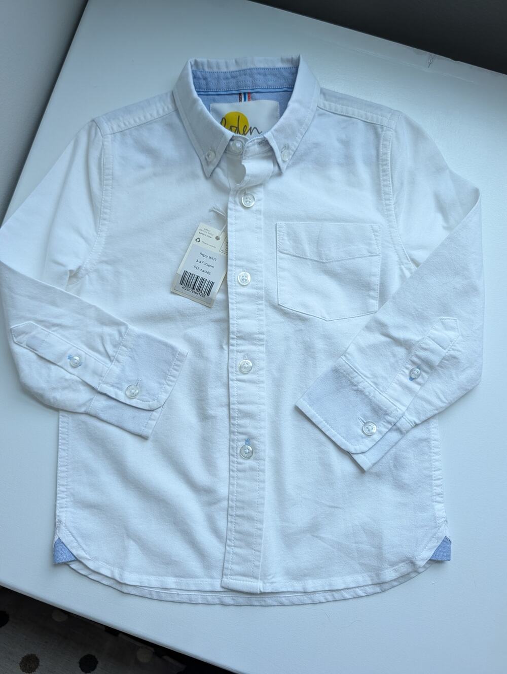 NWT Mini Boden Boys Oxford Shirt White Button-Down Long Sleeve Size 3-4Y
